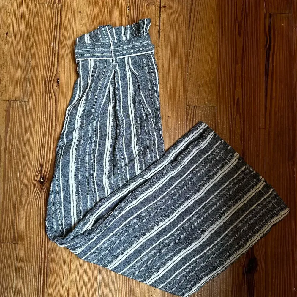 NWT Banana Republic gray white stripe high‎ rise wide leg linen pants SIZE 4